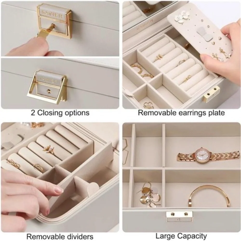 Kamier 2-Tier Beige Jewelry Box with Mirror